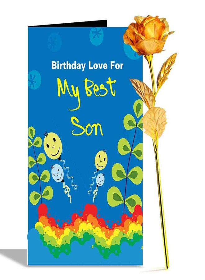 Alwaysgift to My Son on Your Happy Birthday Greeting Card and Golden Paper Rose Hamper - Multicolor (Design-1) - Image 1